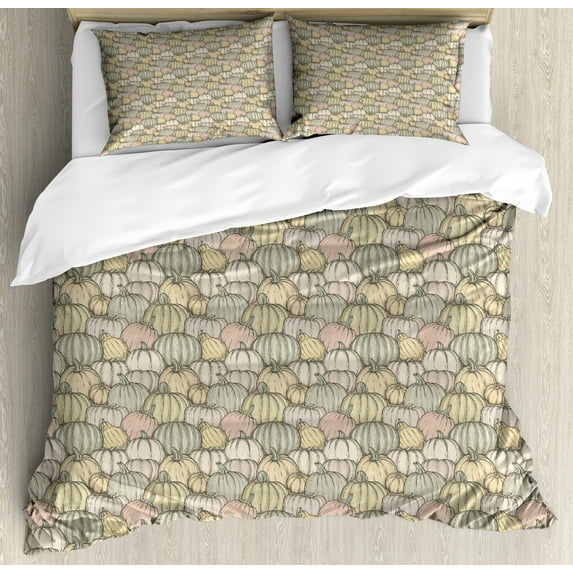 Ambesonne Pumpkin Duvet Cover Sets, Sketchy Halloween Elements, 2-King, Beige Pale Mustard