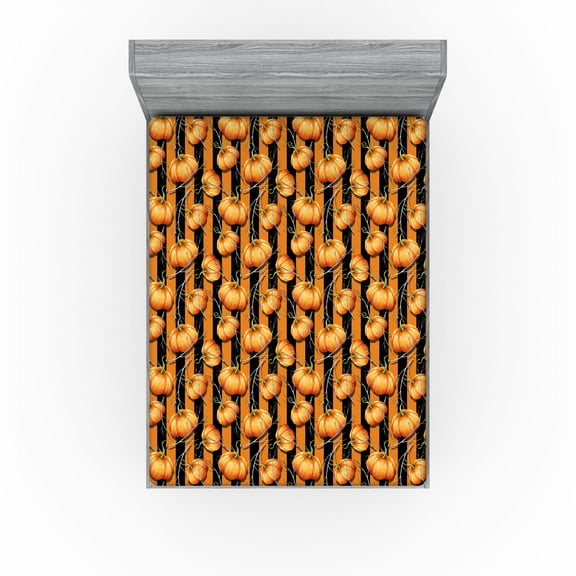 Ambesonne Pumpkin Fitted Sheet, Autumnal Branches Harvest, Full Size, Marigold Black Fern Green