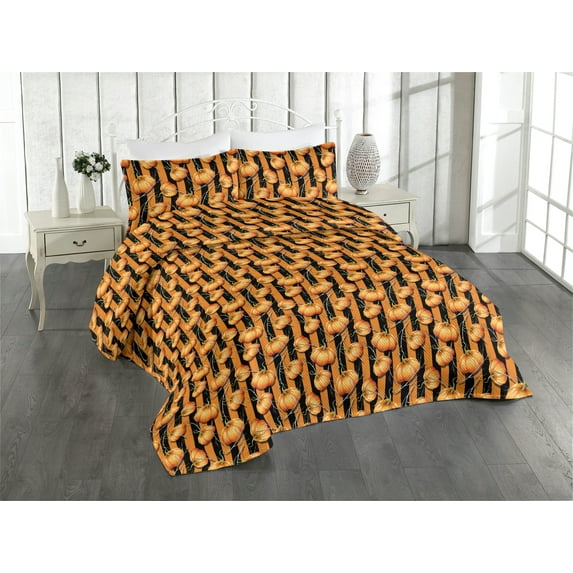 Ambesonne Pumpkin Quilted Bedspread Set 3 Pcs, Autumnal Branches Harvest, Twin, Marigold Black Fern Green