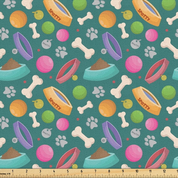 Ambesonne Puppies Fabric by the Yard Upholstery, Bones Paws Colorful Balls, 1 Yard, Pale Orange Lavender