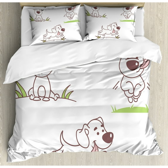 Ambesonne Puppy Duvet Cover Set, Playful Dog Running on Grass, Queen, Mauve Taupe and Green