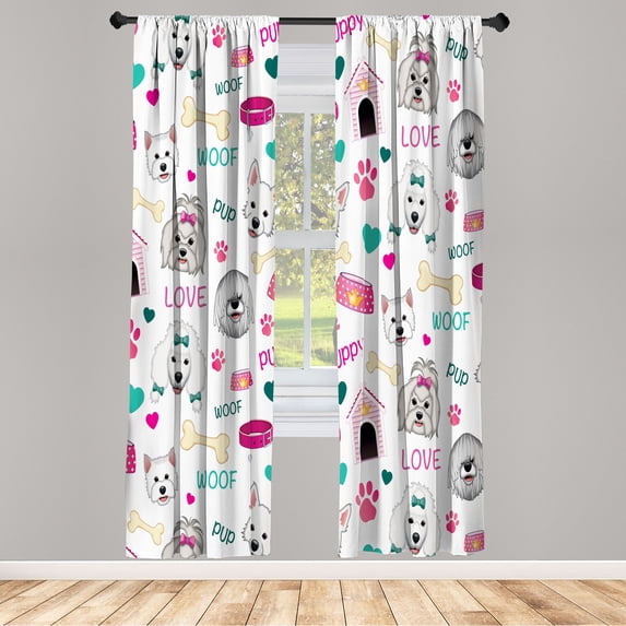 Ambesonne Puppy Emoji Curtains, Funny Dog Lover Themed, Pair of 28"x84", Magenta White Teal