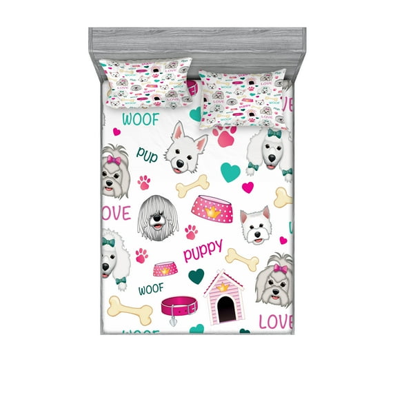 Ambesonne Puppy Emoji Fitted Sheet & Pillow Sham Set, Funny Dog Lover Themed, Calking, Magenta White Teal