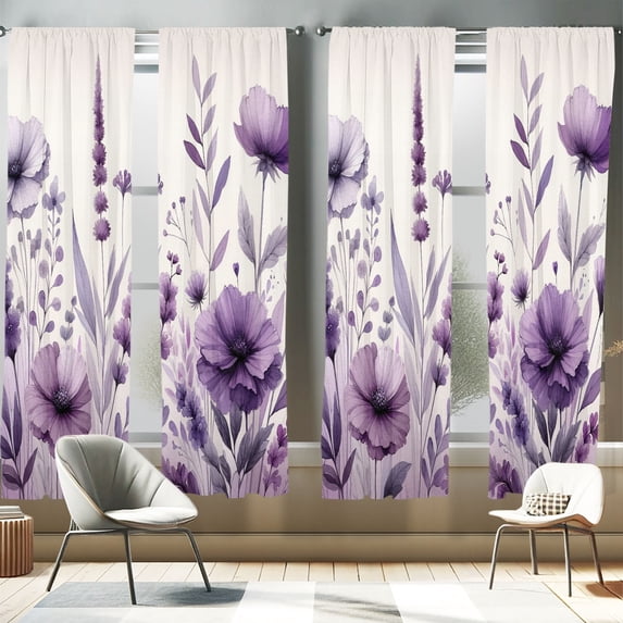 Ambesonne Purple 4-Panel Curtains, Watercolor Vintage Floral, 56"x63", Lilac Pale Grey Blush