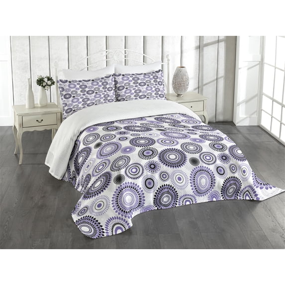 Ambesonne Purple Black Quilted Bedspread Set 3 Pcs, Mandala, Queen Size, Violet Black White