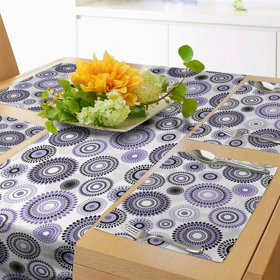 Ambesonne Purple Black Table Runner & Placemats, Mandala, Placemat 4 pcs + Runner 12"x72", Violet Black White