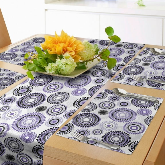 Ambesonne Purple Black Table Runner & Placemats, Mandala, Placemat 4 pcs + Runner 16"x72", Violet Black White