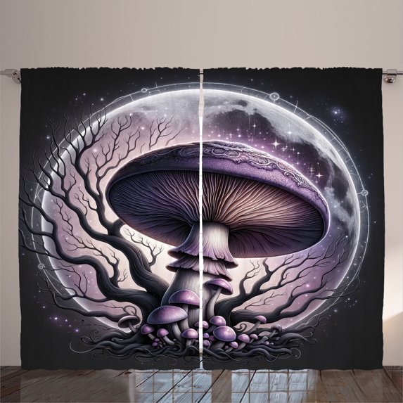 Ambesonne Purple Curtains 2 Panel Set, Dried Brunches Mushroom Moon, 108" x 96", Mauve Dark Purple Grey