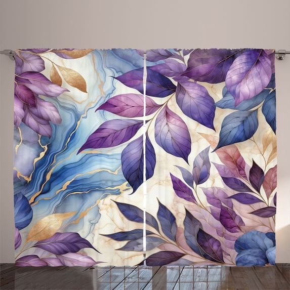 Ambesonne Purple Curtains 2 Panel Set, Falling Down Romantic Leaves, 108" x 96", Quartz Lilac Mauve