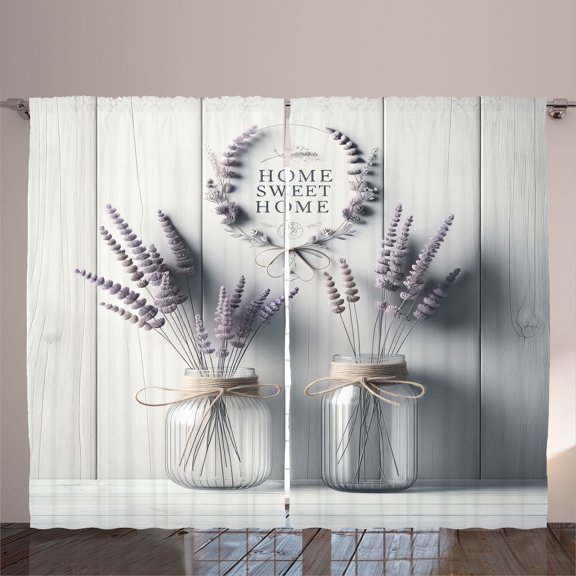 Ambesonne Purple Curtains 2 Panel Set, Lavender in Jars Wooden Back, 108" x 63", Pale Lavender and Coconut