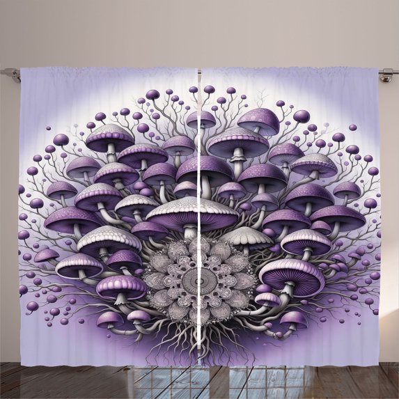 Ambesonne Purple Curtains 2 Panel Set, Mushroom Branches Mandala, 108" x 63", Lilac Violet