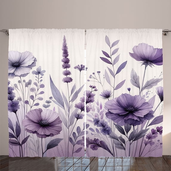 Ambesonne Purple Curtains 2 Panel Set, Watercolor Vintage Floral, 108" x 63", Lilac Pale Grey Blush