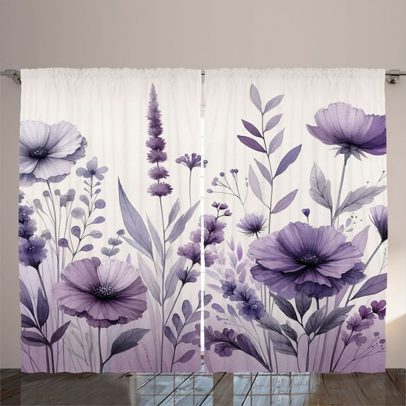 Ambesonne Purple Curtains 2 Panel Set, Watercolor Vintage Floral, 108" x 90", Lilac Pale Grey Blush