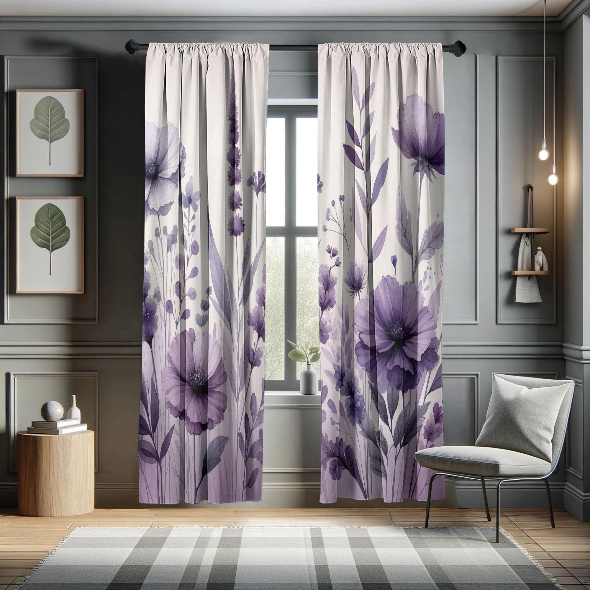 Lilac and Gray Floral Microfiber Rod Pocket Curtain Panels