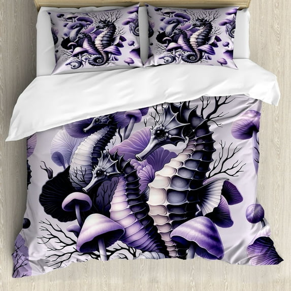Ambesonne Purple Duvet Cover Set, Seahorse Dried Corals Motif, Calking, Pale Lilac Violet