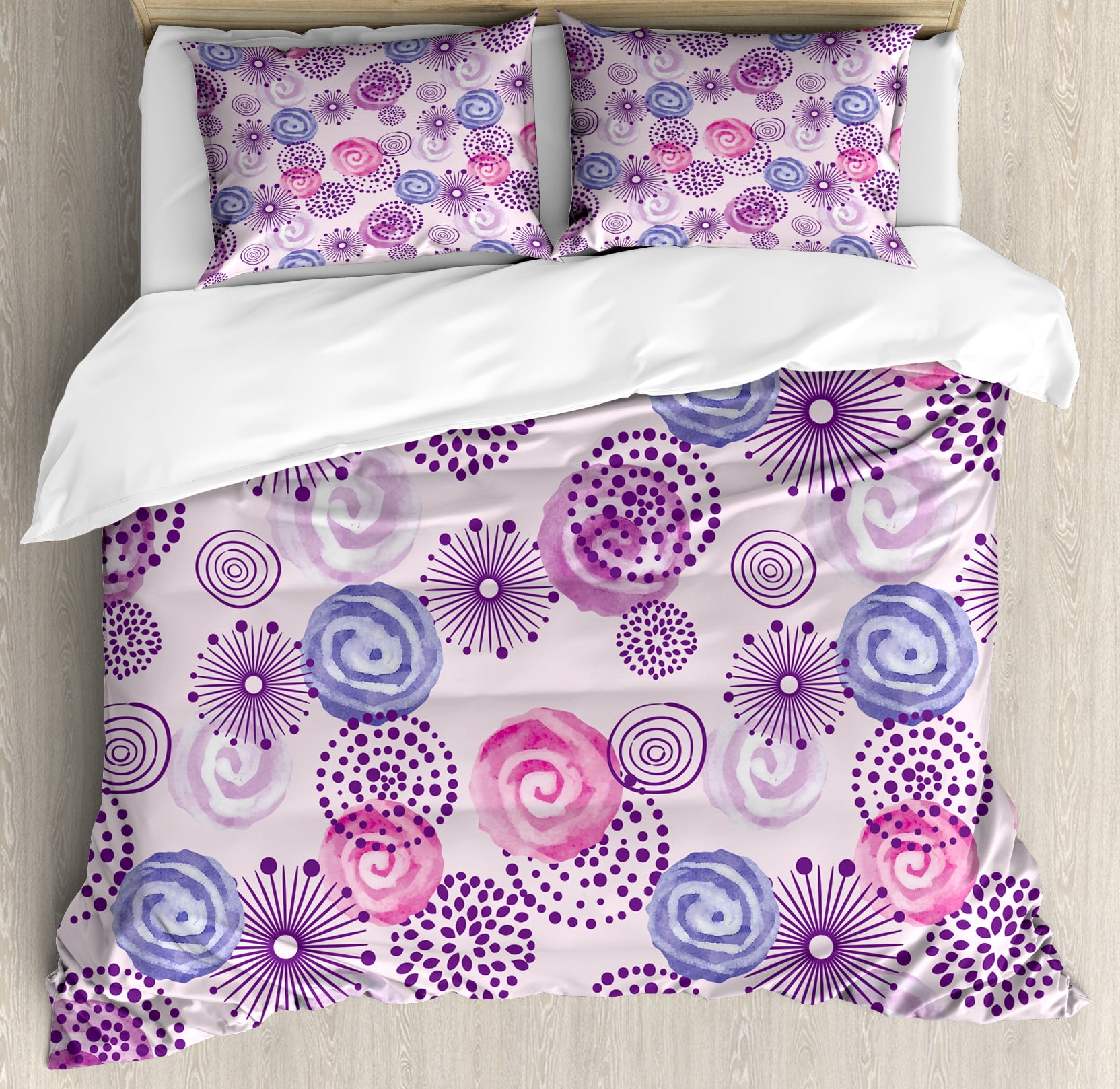 King Blue Pink Watercolor Flower Art Duvet Cover Set