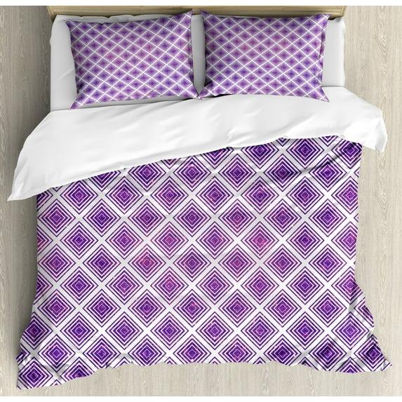Ambesonne Purple Duvet Cover Sets, Retro Style Abstract, 2-King, Violet and White