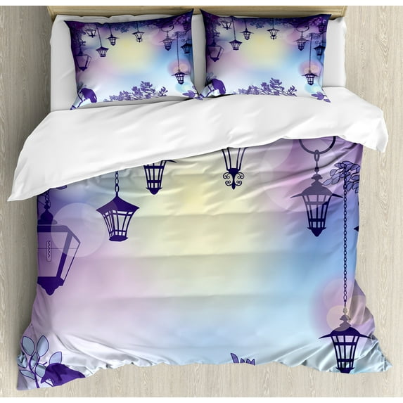 Ambesonne Purple Duvet Cover Sets, Street Night Pastel Scenery, 2-King, Multicolor and Violet