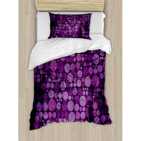Ambesonne Purple Duvet Cover Sets, Vintage Grunge Circles, 2-Twin, Eggplant Purple