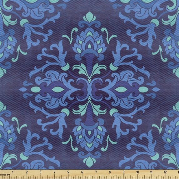 Ambesonne Purple Fabric by the Yard Upholstery, Oriental Damask Illustration, 2 Yards, Indigo Sea Blue Turquoise