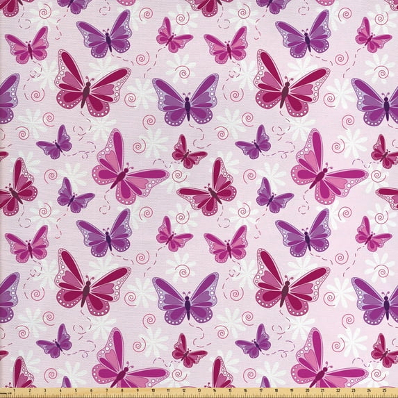 Ambesonne Purple Fabric by the Yard Upholstery, Romantic Butterflies, 3 Yards, Maroon Purple Pale Pink