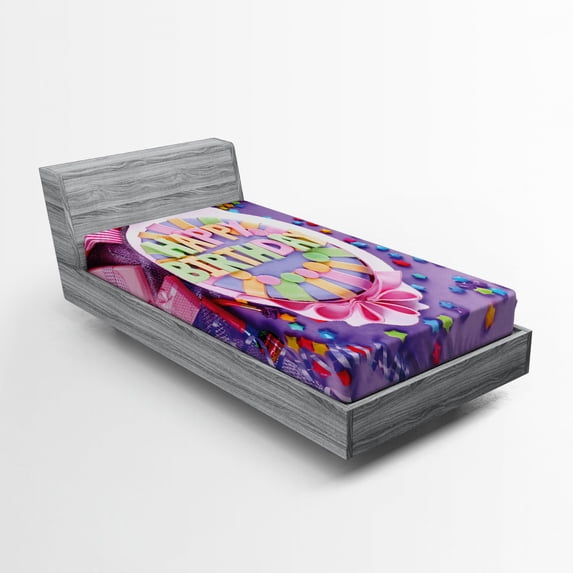 Ambesonne Purple Fitted Sheet, Birthday Cake Presents, Twin Size, Multicolor