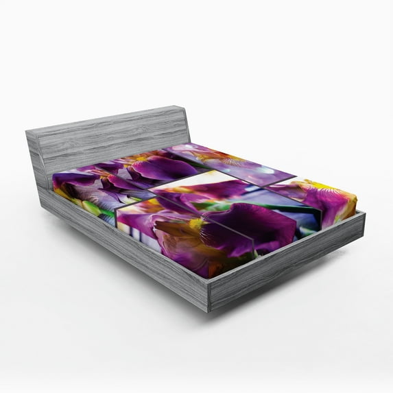 Ambesonne Purple Fitted Sheet, Blooming Iris Flowers, Queen Size, Yellow Purple