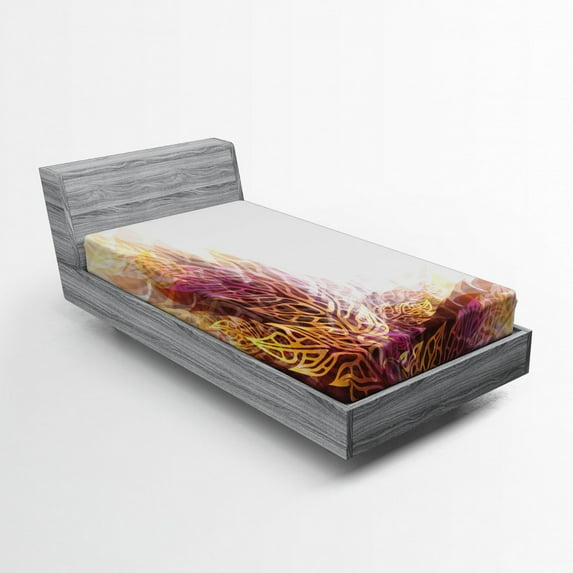 Ambesonne Purple Fitted Sheet, Floral Leaf Art, Twin XL Size, Yellow Purple