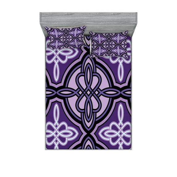 Ambesonne Purple Fitted Sheet & Pillow Sham Set, Celtic Knot Art, King, Violet Lilac