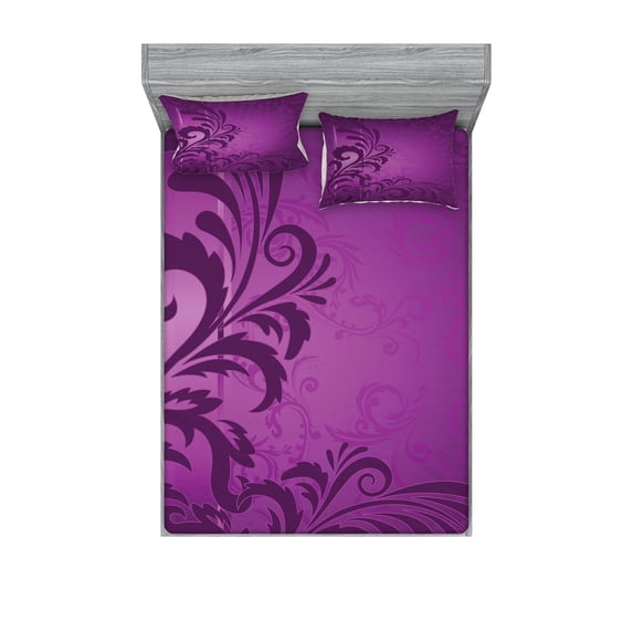 Ambesonne Purple Fitted Sheet & Pillow Sham Set, Retro Abstract Floral, King, Purple Plum