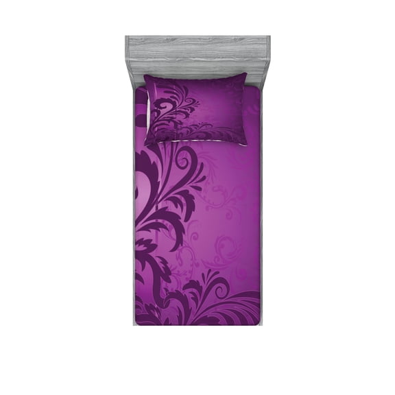 Ambesonne Purple Fitted Sheet & Pillow Sham Set, Retro Abstract Floral, Twin, Purple Plum