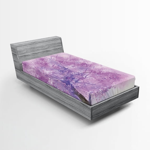 Ambesonne Purple Fitted Sheet, Sakura Tree Springtime, Twin XL Size, Purple