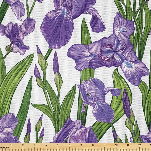 Ambesonne Purple Green Fabric by the Yard Microfiber, Vintage Garden Iris, 5 Yards, White Violet and Fuchsia