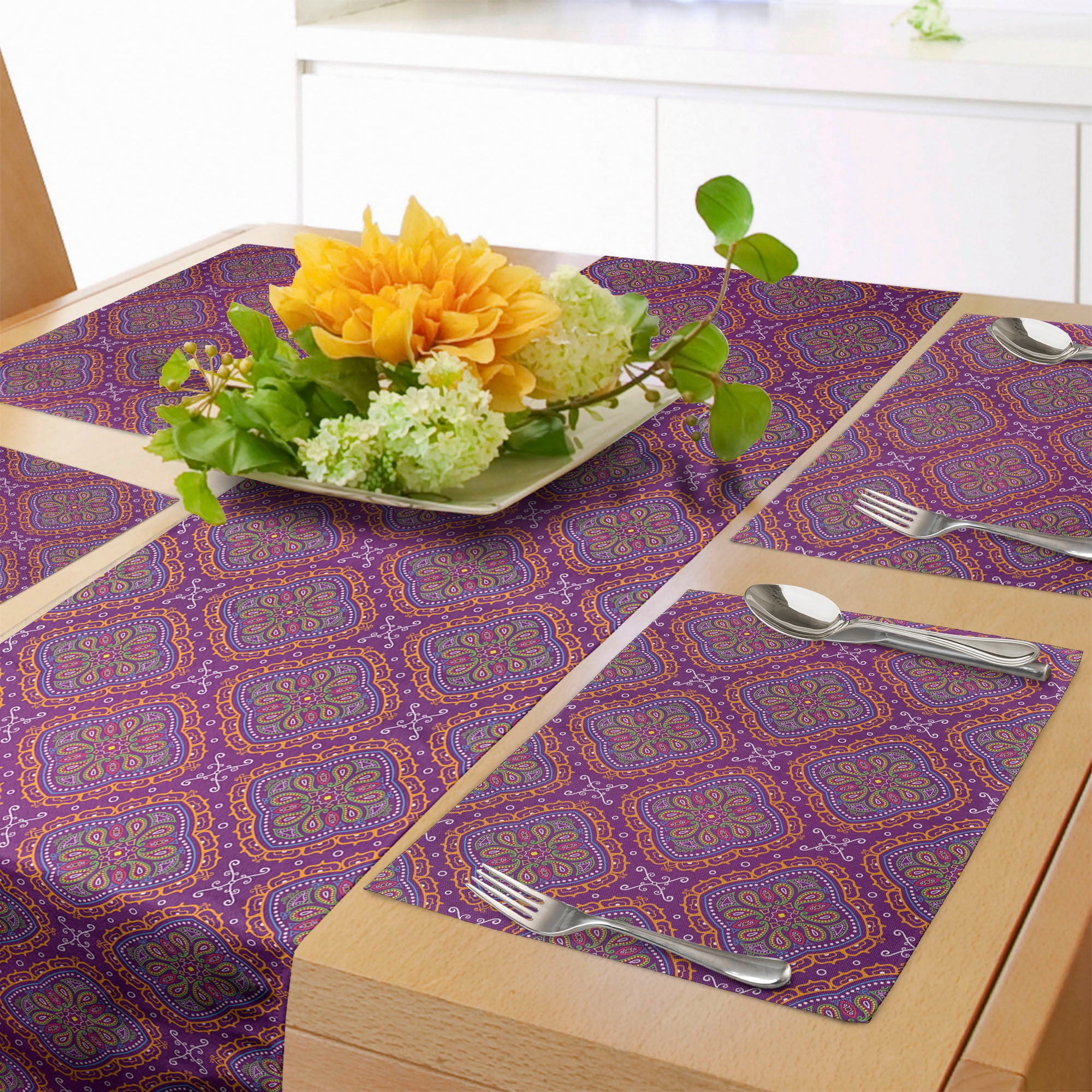 Ambesonne Purple Hippie Table Runner & Placemats, Eastern Orient Motifs, Placemat 4 pcs + Runner