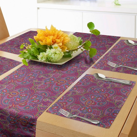 Ambesonne Purple Hippie Table Runner & Placemats, Traditional Paisley, Placemat 4 pcs + Runner 16"x72", Purple and Multicolor