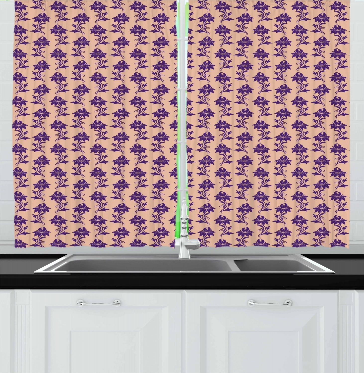 Ambesonne Purple Kitchen Curtains, Ancestral Blooming Nature, 55"x39