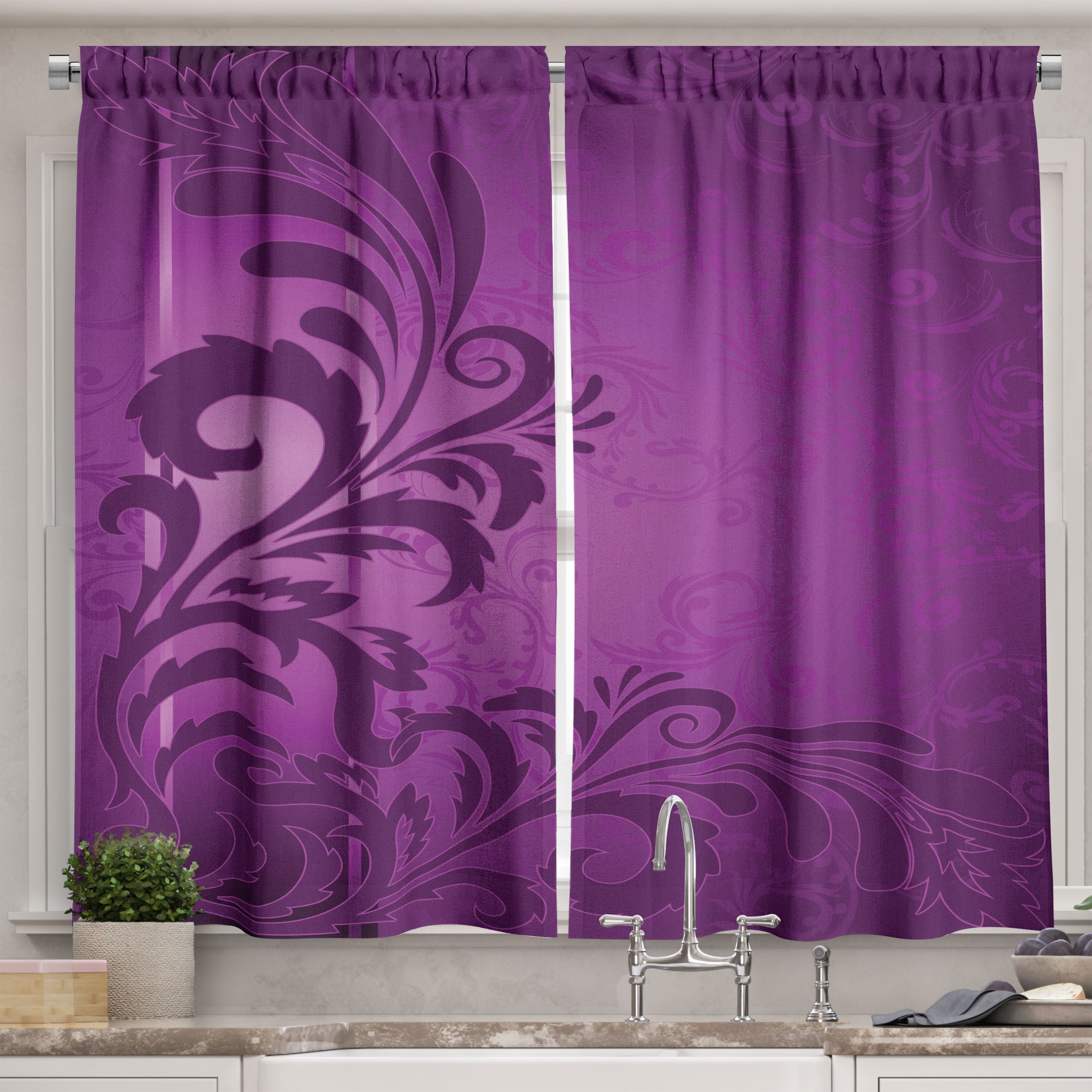 Ambesonne Purple Kitchen Curtains, Retro Abstract Floral, 55"x45 ...