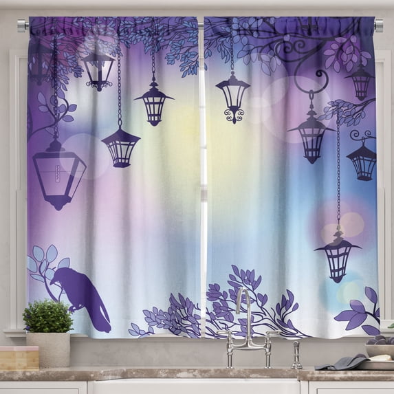 Ambesonne Purple Kitchen Curtains, Street Night Pastel Scenery, 55"x39", Multicolor and Violet