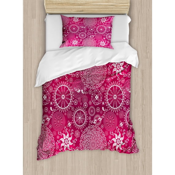 Ambesonne Purple Mandala Duvet Cover Sets, Anatolian Flower, 2-Twin, White Magenta
