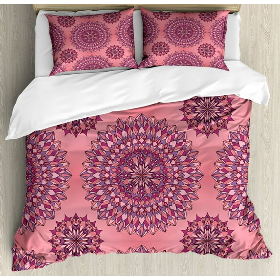 Ambesonne Purple Mandala Duvet Cover Sets, Boho Filigree Art, 2-King, Coral Fuchsia