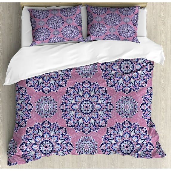 Ambesonne Purple Mandala Duvet Cover Sets, Oriental Lines, 2-King, Dried Rose Pale Blue