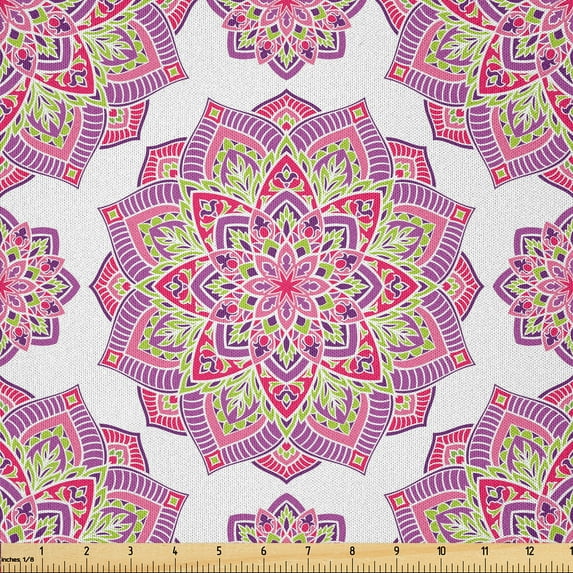 Ambesonne Purple Mandala Fabric by the Yard Microfiber, Lotus Essence, 3 Yards, Lime Green Fuchsia