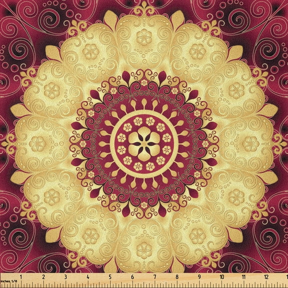 Ambesonne Purple Mandala Fabric by the Yard Microfiber, Old Baroque Art, 1 Yard, Maroon Yellow