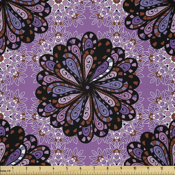 Ambesonne Purple Mandala Fabric by the Yard Microfiber, Vintage Boho, 10 Yards, Black Redwood Violet