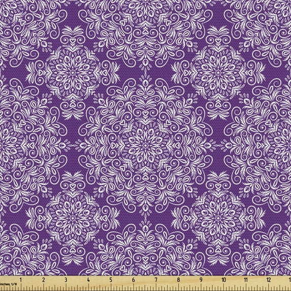 Ambesonne Purple Mandala Fabric by the Yard Upholstery, Swirl Floral Branch, 1 Yard, White Purple