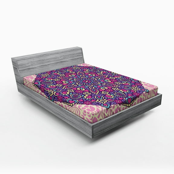Ambesonne Purple Mandala Fitted Sheet, Floral Cosmos, Queen Size, Pale Pink Magenta Cream