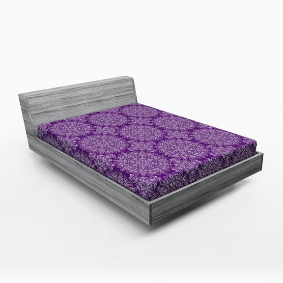 Ambesonne Purple Mandala Fitted Sheet, Swirl Floral Branch, Full Size, White Purple