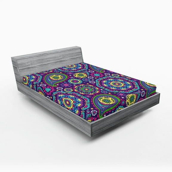 Ambesonne Purple Mandala Fitted Sheet, Vibrant Tones Boho, Full Size, Multicolor