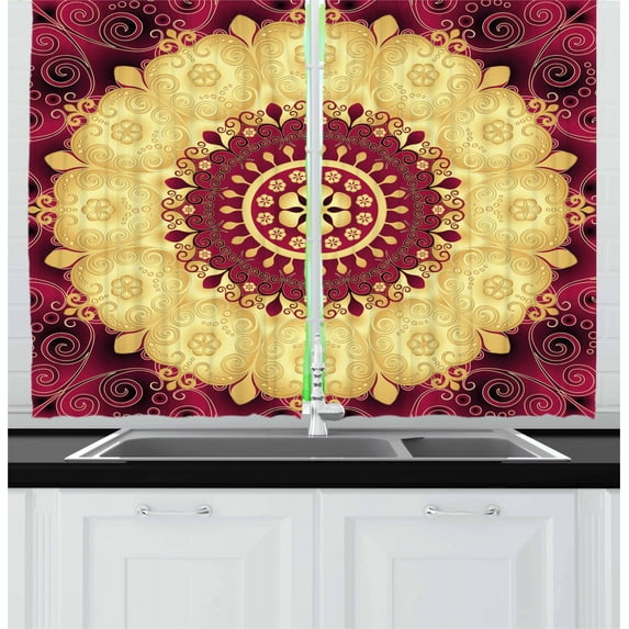 Ambesonne Purple Mandala Kitchen Curtains, Old Baroque Art, 55"x39", Maroon Yellow