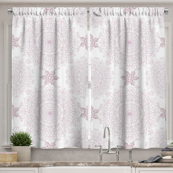 Ambesonne Purple Mandala Kitchen Curtains, Victorian Damask, 55"x45", Pale Pink White